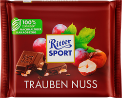 Шоколад молочный RITTER SPORT с лесным орехом и калифорнийским изюмом, 100г, крупный план