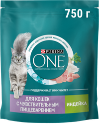 Изображение товара Корм сухой для взрослых кошек PURINA ONE с чувствительным пищеварением и разборчивым вкусом в еде, с высоким содержанием индейки и рисом, 750г