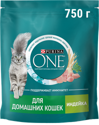 Изображение товара Корм сухой для взрослых кошек PURINA ONE живущих в домашних условиях, с высоким содержанием индейки и цельными злаками, 750г