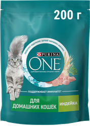 Корм сухой для взрослых кошек PURINA ONE живущих в домашних условиях, с высоким содержанием индейки и цельными злаками, 200г, фотография