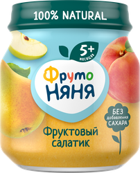 Пюре фруктовое ФРУТОНЯНЯ Фруктовый салатик Яблоко, груша, персик, с 5 месяцев, 100г, фото