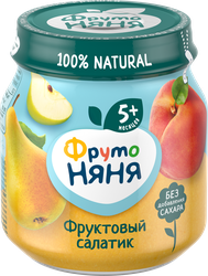 Пюре фруктовое ФРУТОНЯНЯ Фруктовый салатик Яблоко, груша, персик, с 5 месяцев, 100г, детальное фото