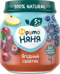 Пюре ягодно-фруктовое ФРУТОНЯНЯ Ягодный салатик Яблоко, черника и вишня, с 5 месяцев, 100г, детальное фото