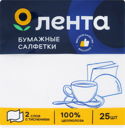 Салфетки бумажные ЛЕНТА 2 слоя белые 33x33см, 25шт, фото