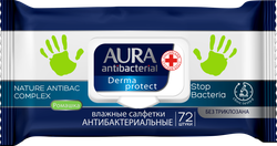 Салфетки влажные AURA Antibacterial Derma Protect антибактериальные, 72шт, крупный план