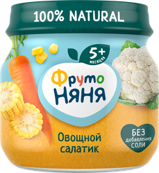 Пюре овощное ФРУТОНЯНЯ Овощной салатик Цветная капуста, кукуруза и морковь, с 5 месяцев, 80г, вид