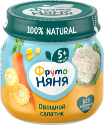 Пюре овощное ФРУТОНЯНЯ Овощной салатик Цветная капуста, кукуруза и морковь, с 5 месяцев, 80г, фото