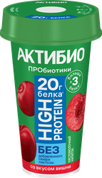 Напиток кисломолочный АКТИБИО высокобелковый безлактозный со вкусом вишни, 20г белка, без сахара 1,5%, без змж, 190г, картинка