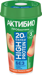 Напиток кисломолочный АКТИБИО высокобелковый безлактозный со вкусом белого персика, 20г белка, без сахара 1,5%, без змж, 190г, детальное фото