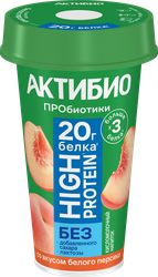 Напиток кисломолочный АКТИБИО высокобелковый безлактозный со вкусом белого персика, 20г белка, без сахара 1,5%, без змж, 190г, фотография