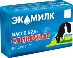 Масло сливочное ЭКОМИЛК несоленое 82,5%, без змж, 450г, крупный план