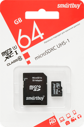 Карта памяти SMARTBUY micro SDXC 64GB Class 10 UHS-1, с адаптером SD, крупный план