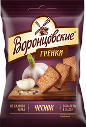 Сухарики ржаные ВОРОНЦОВСКИЕ со вкусом чеснока, 60г, крупный план