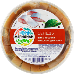 Сельдь МЕРИДИАН филе-кусочки в масле с дымком, 480г, картинка