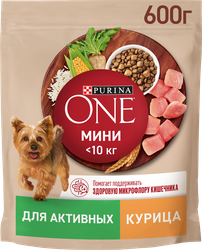 Корм сухой для взрослых собак PURINA ONE для мелких пород с активных образом жизни, с высоким содержанием курицы и с рисом, 600г, вид