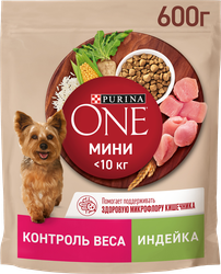 Корм сухой для взрослых собак PURINA ONE Здоровый вес для мелких пород, склонных к набору веса, с высоким содержанием индейки и с рисом 600г, детальное фото