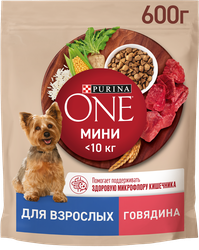 Корм сухой для взрослых собак PURINA ONE для мелких и карликовых пород, с высоким содержанием говядины и с рисом, 600г, фотография