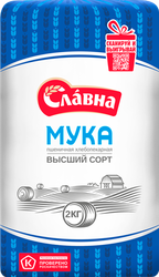 Мука пшеничная СЛАВНА хлебопекарная высший сорт ГОСТ, 2кг, крупный план