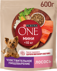 Изображение товара Корм сухой для взрослых собак PURINA ONE Мини Чувствительная, для мелких пород с чувствительным пищеварением, с лососем и рисом, 600г
