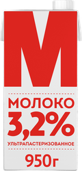 Молоко ультрапастеризованное М 3,2%, без змж, 950г, вид
