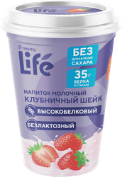 Напиток молочный ЛЕНТА LIFE в/бел обезжир. б/л клубничный шейк 0,2% без змж, картинка