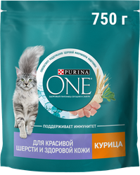 Корм сухой для взрослых кошек PURINA ONE для красивой шерсти, здоровой кожи и контроля образования волосяных комков, с высоким содержанием курицы и цельными злаками, 750г, фотография