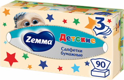Салфетки бумажные детские ZEMMA 3 слоя, в коробке, 90шт, крупный план