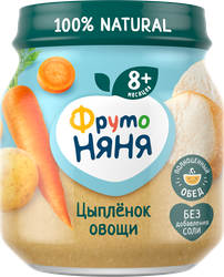 Пюре мясо-растительное ФРУТОНЯНЯ Цыпленок, рис, морковь, картофель и лук, с 8 месяцев, 100г, крупный план