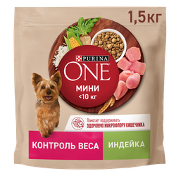 Корм сухой для взрослых собак PURINA ONE Мини Здоровый вес для мелких пород, склонных к набору веса с индейкой и рисом, 1,5кг, фотография