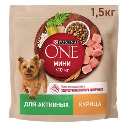 Изображение товара Корм сухой для взрослых собак PURINA ONE Мини Активная, для мелких пород, с курицей и рисом, 1,5кг
