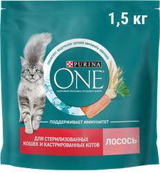 Корм сухой для взрослых кошек PURINA ONE для стерилизованных и кастрированных, с высоким содержанием лосося и пшеницей, 1,5кг, фото
