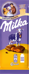 Шоколад молочный MILKA с карамельной начинкой, 90г, крупный план