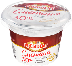 Сметана PRESIDENT 30%, без змж, 180г, крупный план