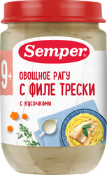 Пюре рыбно-овощное SEMPER Овощное с филе трески, с 9 месяцев, 190г, вид