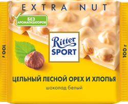 Шоколад белый RITTER SPORT Цельный лесной орех и хлопья, 100г, крупный план