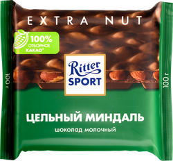 Шоколад молочный RITTER SPORT Цельный миндаль, 100г, крупный план