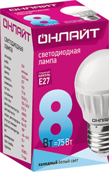 Лампа светодиодная ОНЛАЙТ Шар 8Вт, E27, холодный свет, Арт. 71627, детальное фото
