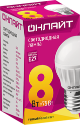 Лампа светодиодная ОНЛАЙТ Шар 8Вт, E27, теплый свет, Арт. 71626, детальное фото