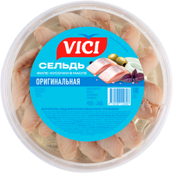 Сельдь VICI Любо есть Оригинальная филе-кусочки в масле, 400г, крупный план