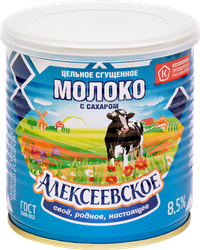 Молоко сгущенное АЛЕКСЕЕВСКОЕ цельное с сахаром 8,5%, без змж ГОСТ, 360г, детальное фото