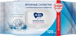 Салфетки влажные AURA Family, с антибактериальным эффектом, 120шт, крупный план