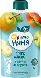 Пюре фруктовое ФРУТОНЯНЯ Салатик из фруктов Банан, груша, яблоко, персик, с 6 месяцев, 90г, фотография