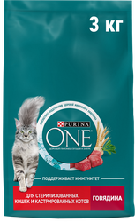 Корм сухой для взрослых кошек PURINA ONE для стерилизованных и кастрированных, с высоким содержанием говядины, 3кг, крупный план