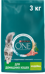 Изображение товара Корм сухой для взрослых кошек PURINA ONE для живущих в домашних условиях, с высоким содержанием индейки и цельными злаками, 3кг