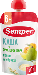 Пюре фруктово-злаковое SEMPER Грушево-абрикосовое, с кашей, с 6 месяцев, 120г, крупный план