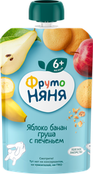 Пюре фруктовое ФРУТОНЯНЯ Яблоко, банан и груша, с печеньем, с 6 месяцев, 90г, изображение