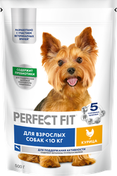 Корм сухой для взрослых собак PERFECT FIT с курицей, для мелких и миниатюрных пород, старше 1 года, 500г, крупный план