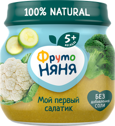 Пюре овощное ФРУТОНЯНЯ Мой первый салатик Брокколи, кабачок и цветная капуста, с 5 месяцев, 80г, детальное фото