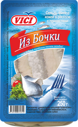 Сельдь VICI Из бочки, филе с кожей в рассоле с пряностями, 250г, вид