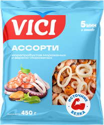 Ассорти из морепродуктов варено-мороженное VICI с изделиями формованными (имитация из сурими), 450г, фото